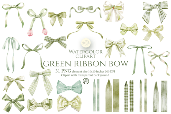 Download Watercolor Green Ribbon Bow Clipart - Ribbon bow Collection